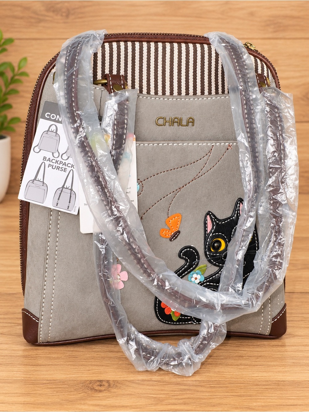 NEW Chala CONVERTIBLE Backpack Purse Shoulder Tote Bag BLACK CAT Gray - Picture 5 of 6